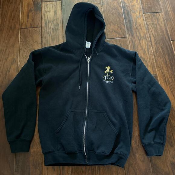 Black yellow U2 Joshua Tree Tour zip up hoodie Mens XS to Small - Picture 1 of 5